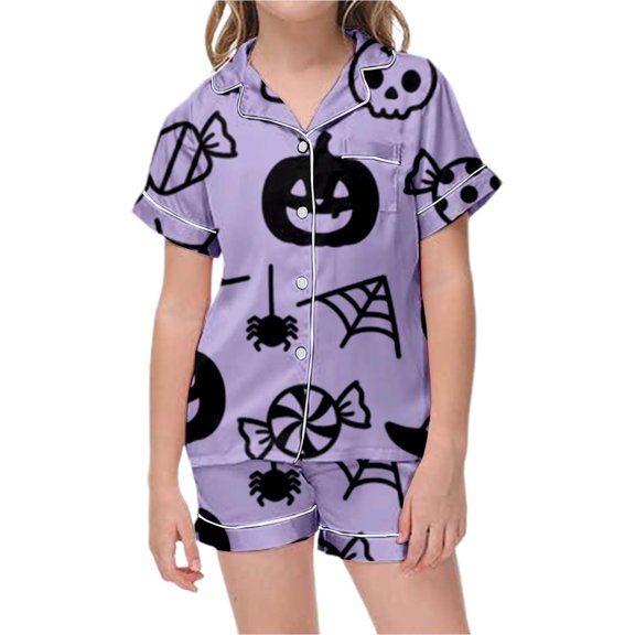 MUXiin Pajamas for Girls Girls Halloween Pajama Set Cute Pumpkin Bat Print Short Sleeve Shorts Striped Sleepwear For Kids Comfortable Casual Nightwear