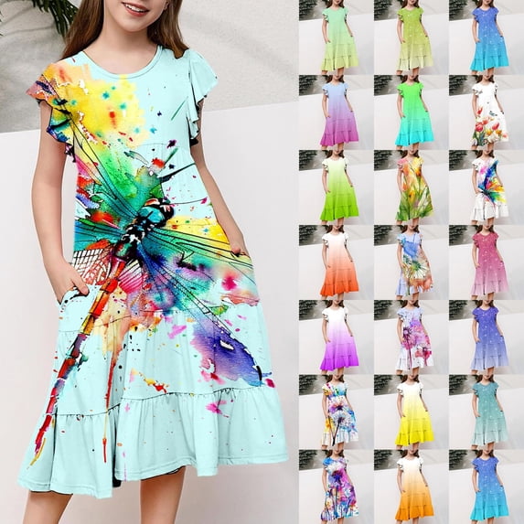 MUXiin Spring Dresses for Girls 12-14 Flower Flutter Ruffled A-Line Midi Dress Elegant Toddler Baby Girl Summer Clothes