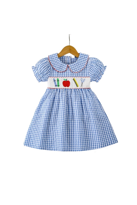 Toddler Baby Girl Back to School Clothes Pre K Smocked Dress Collar Gingham Dress Summer Outfits(6-7 Years,Blue)