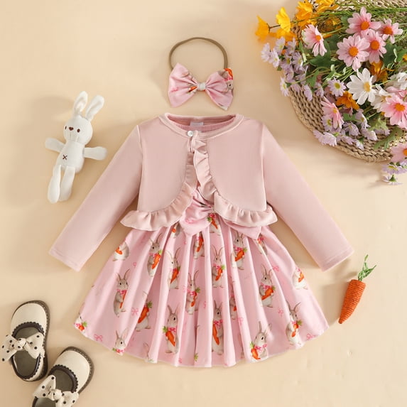 MUXiin Toddler Girls Easter Rabbit Prints Dress Long Sleeve Ruffles Coat Tops Headbands Outfits,Pink,9-12 Months