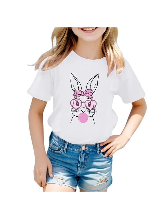 Toddler Girls Easter Shirts Cartoon Bunny Short Sleeve T-Shirt Soft Easter Day Vacation Tops T-Shirts To Big Kid Easter Gifts for Kids(White,6-7 Years)