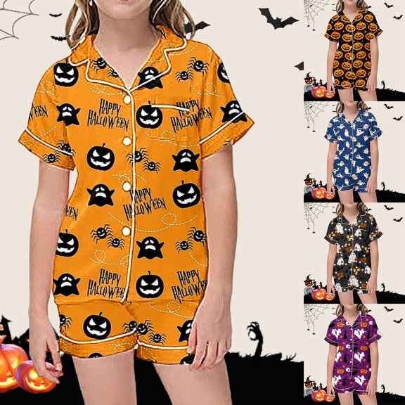 MUXiin Toddler Pajamas 3T Girls Children's Leisure Halloween Printed Button Collar Short Sleeved Top Shorts Pajama Set