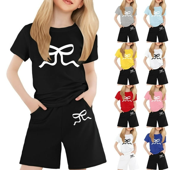 MUXiin Toddler Summer Clothes Girls 4t Letter Print Short Sleeve Tops and Shorts Set Crewneck Fashion Casual Holiday T Shirt Short Pants 2 Piece Suit Back To School Clothes for 8-9 Years