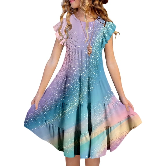 MUXiin Tween Girls Dresses Cute Print Flutter Ruffled A-Line Plus Size Dresses Outerwear Toddler Baby Girl Summer Clothes