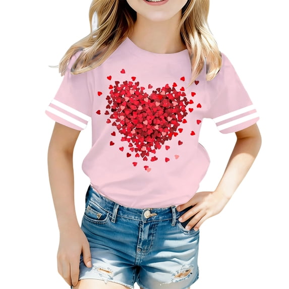 MUXiin Valentines Shirts for Girls Girls Casual Short Sleeve Tee With All Over Print Round Neck Top for Everyday Play And School Comfortable Soft Fabric Kids Valentines Gifts