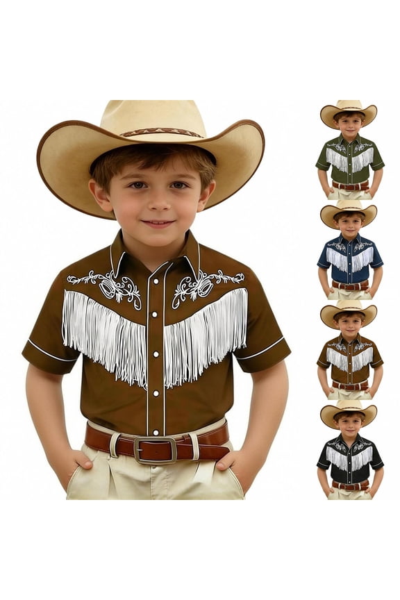 Western Boys' Button-Down Shirts Short Sleeve, Pearl Snap Shirt with Fringe