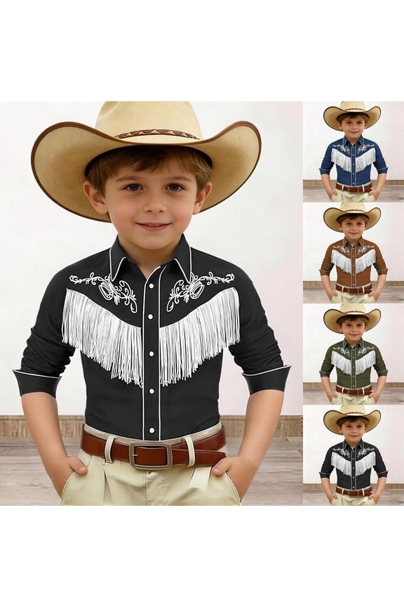 Western Boys' Button-Down Shirts Short Sleeve, Pearl Snap Shirt with Fringe