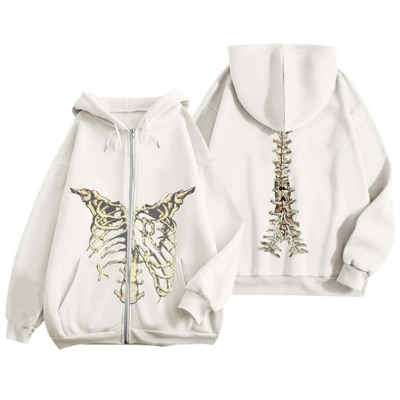 MUXiin White Womens Zip Up Hoodies Long Sleeve,Men Women Y2K Skeleton Zip Up Hoodie Gothic Oversized Grunge Vintage Graphic Baggy Academia Punk,XXL
