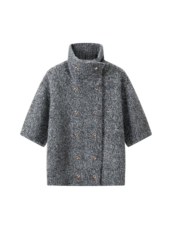 Women's Double-Breasted Knit Cardigan, High Neck Wide Sleeve Sweater, One Size