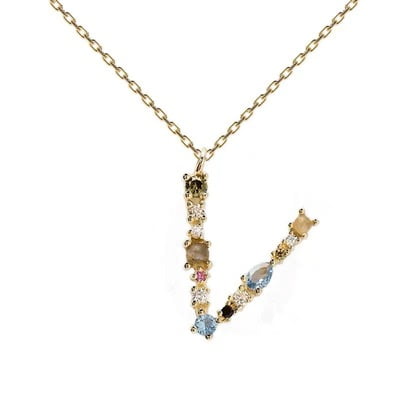 MUZ Collective Gold Plated ( V ) Initial Necklace for Women Personalized Alphabet Pendant with Multicolor Gemstones, Dainty Gold Letter Necklace, Gift for Her