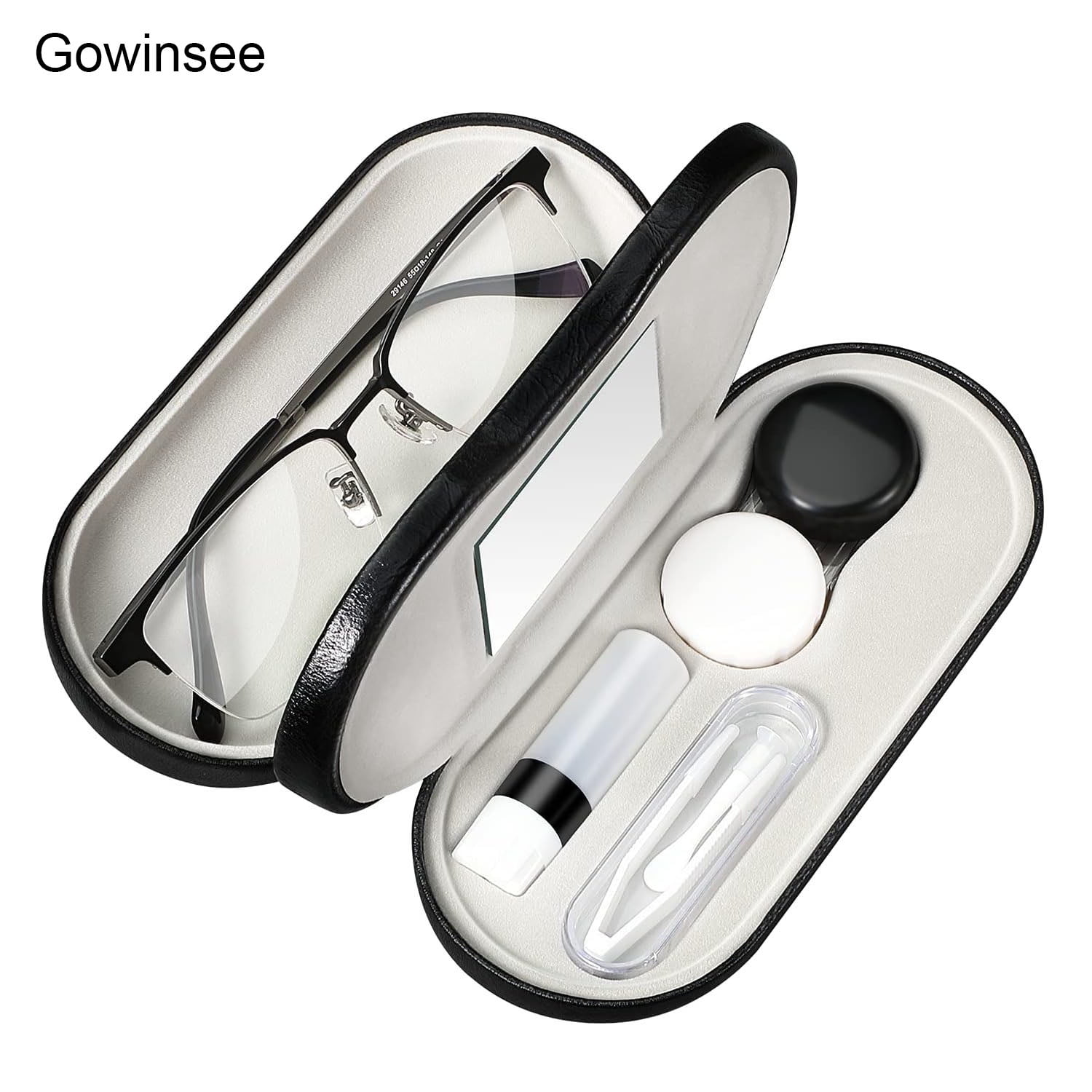 Gowinsee 2 in 1 Contact Lens Case and Glasses Case, Dual Use Design with Built-in Mirror Bottle Included for Travel Kit Black