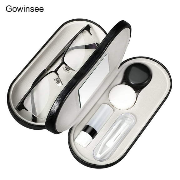 Gowinsee 2 in 1 Contact Lens Case and Glasses Case, Dual Use Design with Built-in Mirror Bottle Included for Travel Kit Black