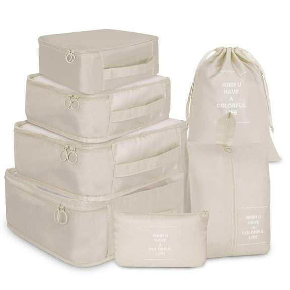 MUZPU Packing Cubes for Travel 7 Pcs Foldable Set Lightweight Luggage Organizers Beige