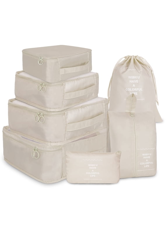 Packing Cubes for Travel 7 Pcs Foldable Set Lightweight Luggage Organizers Beige