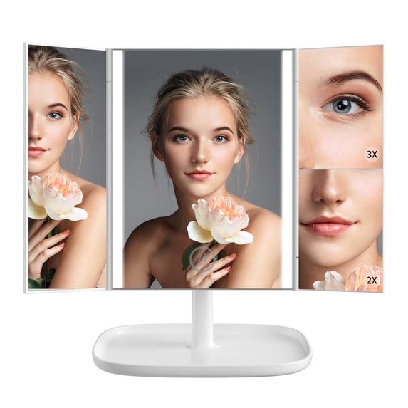 MUZPU Trifold Makeup Mirrors Makeup Mirror Vanity Mirror with Lights, 2X 3X 10X Magnification, Tri-fold Lighted Makeup Mirror, Touch Control, Dual Power Supply Portable Make up Mirror for Women Girls
