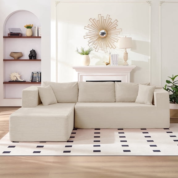 MUZZ 106" Modular Sectional Sofa, L-Shaped Cloud Couch with Deep Seat, No-Assembly Corduroy Living Room Sofa, Beige