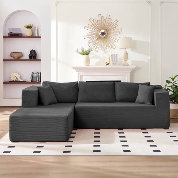MUZZ 106" Modular Sectional Sofa, L-Shaped Cloud Couch with Deep Seat, No-Assembly Corduroy Living Room Sofa, Grey