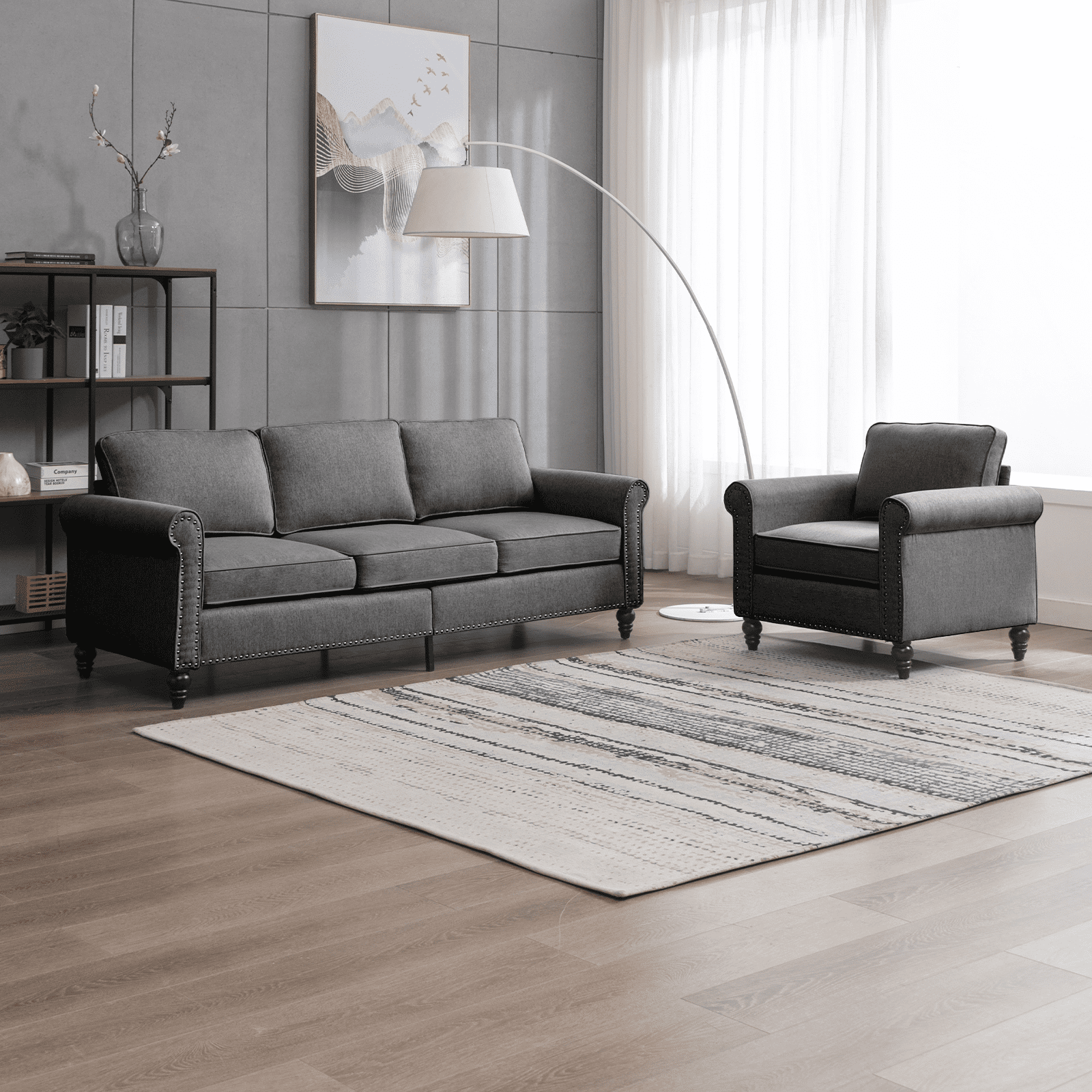 MUZZ Living Room Furniture Sets with 5.9"Upholstered Cushion, 3-Seater Sectional Sofa Couch and Single Sofa Chair, Sofa Set for Living Room(Dark Grey)