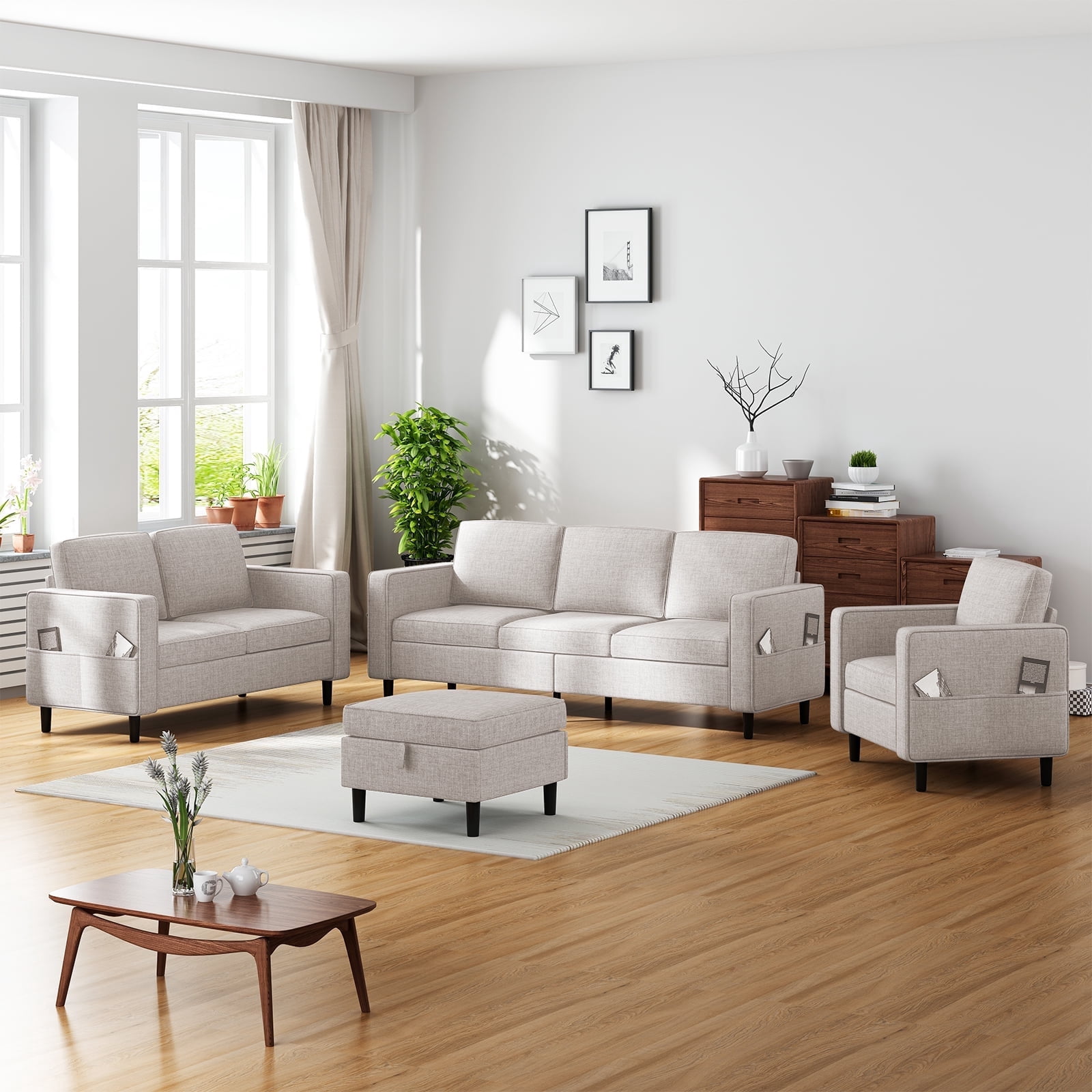 Puremind 3 Piece Sofa Set, Living Room Furniture Sets, Linen Sectional ...
