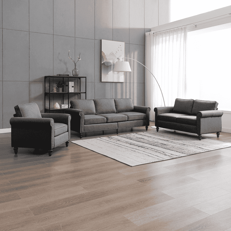Muzz Living Room Furniture Sets with 5.9 inchUpholstered Cushion 3 Seater Sofa Couch Loveseat and Single Sofa Chair Sofa Set for Living Room Dark
