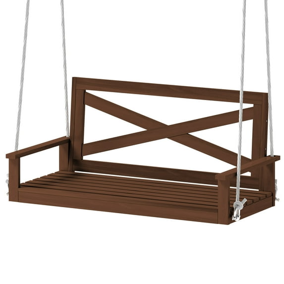 MUZZ 3-Seater Garden Swings for Adult, Porch Swing with Curved Back Design & Special X Pattern,Outdoor Wood Swing for Patio/Garden/Backyard, 440 lbs Weight Capacity(Large/Brown)