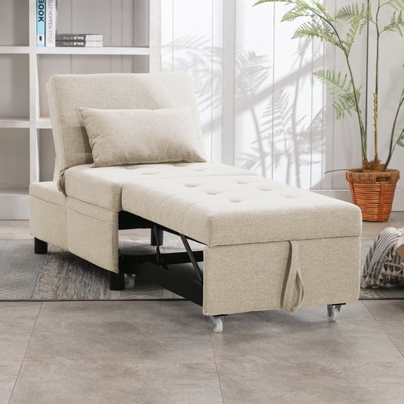 MUZZ 4-in-1 Convertible Sleeper Chair w/ Adjustable Backrest&Storage&Pillow,Pull Out Sofa Bed for Compact Spaces(Beige)