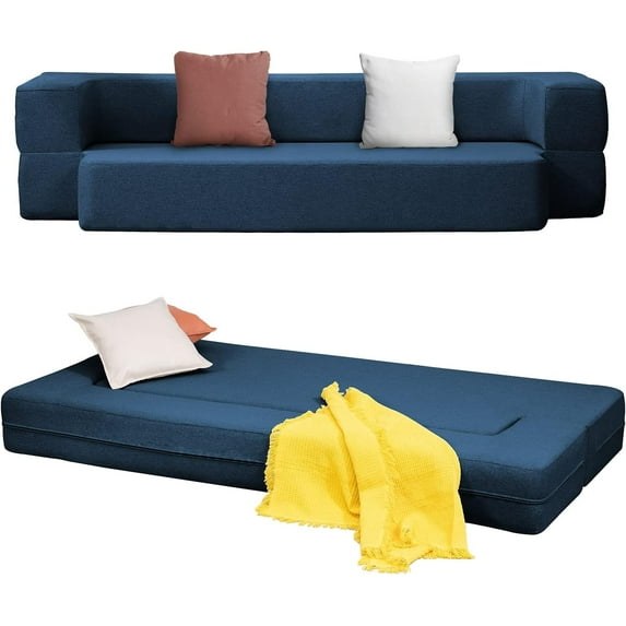 MUZZ 8.6-Inch Floor Sofa Bed Queen Size, Convertible Folding Sofa Bed, Sleeper Couch Bed with Memory Foam Mattress for Living Room(Blue)