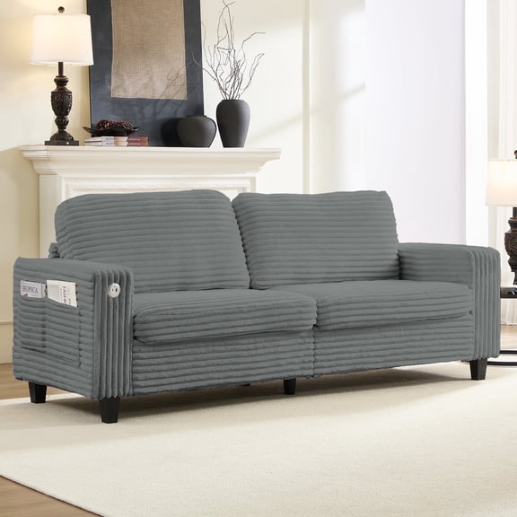 MUZZ 85"w 3 Seater Sofa and Couch with USB ports and Side pockets, Comfy Corduroy Oversized Deep Seat Sofa for Living Room/Small Space, Light Grey
