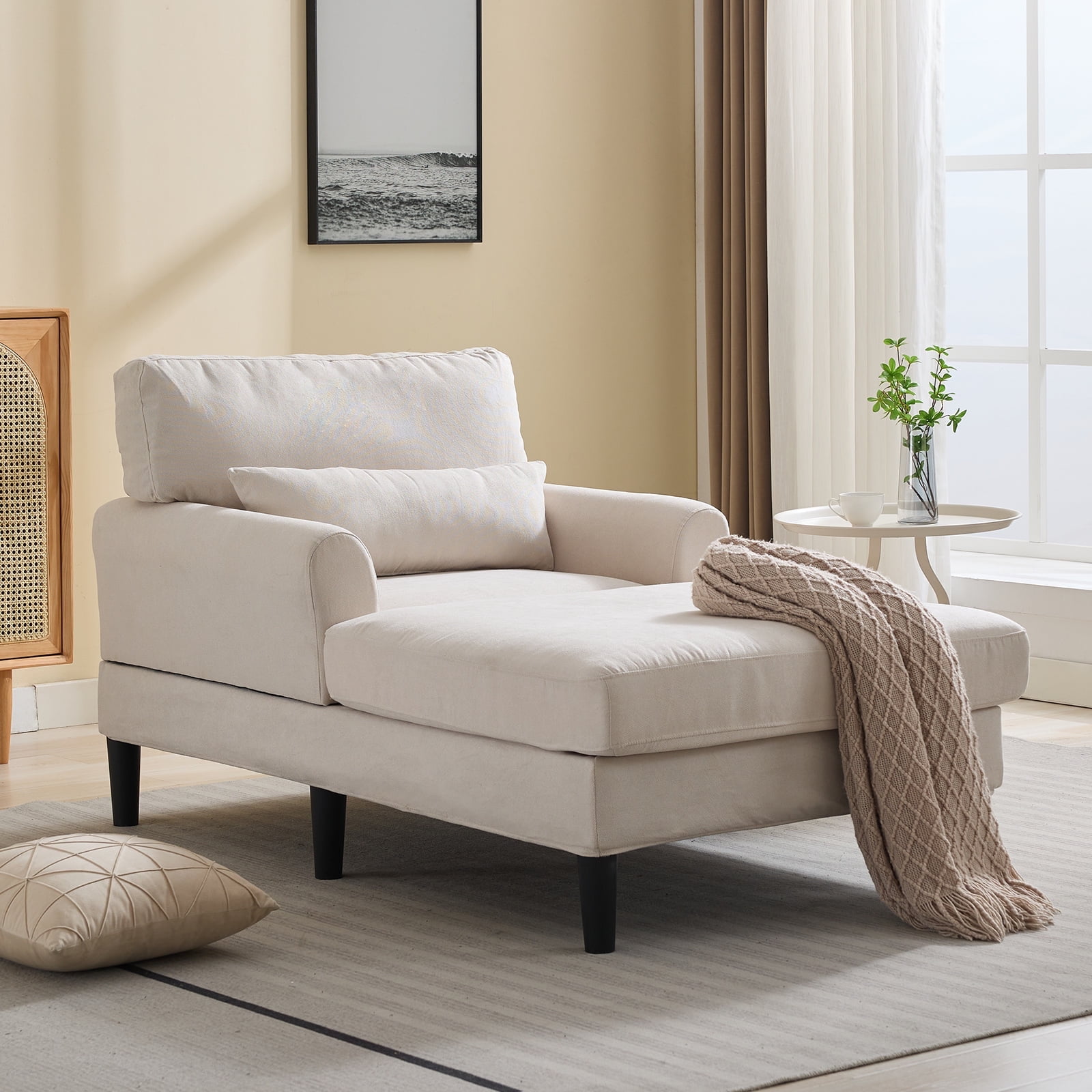 MUZZ Chaise Lounge Indoor, Modern Velvet Fabric Indoor Lounge Chair and Sleeper Sofa for Living Room, Small Space, Beige