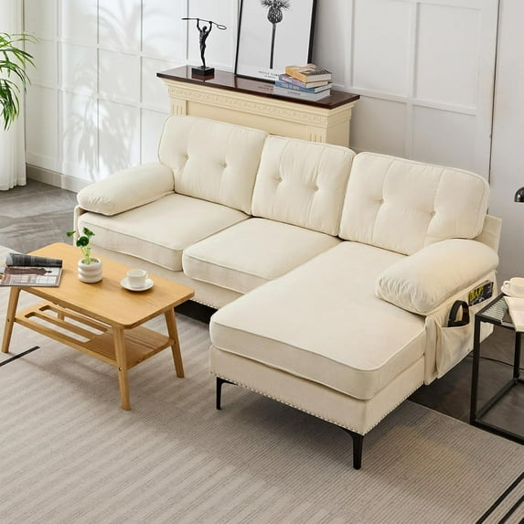 MUZZ Chenille Sectional Sofa with Convertible Chaise,85" L-Shaped Sectional Sofa with Storage Pocket & Rivet Design,Sleeper Sofa Couch for Living Room(Beige)