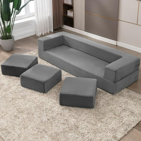 MUZZ Folding Sofa Bed with 3 Ottomans, 80''W Velvet Upholstered Sofa Couch, Multifunctional Sleeper Floor Bed for Bedroom/Living Room(Light Grey)