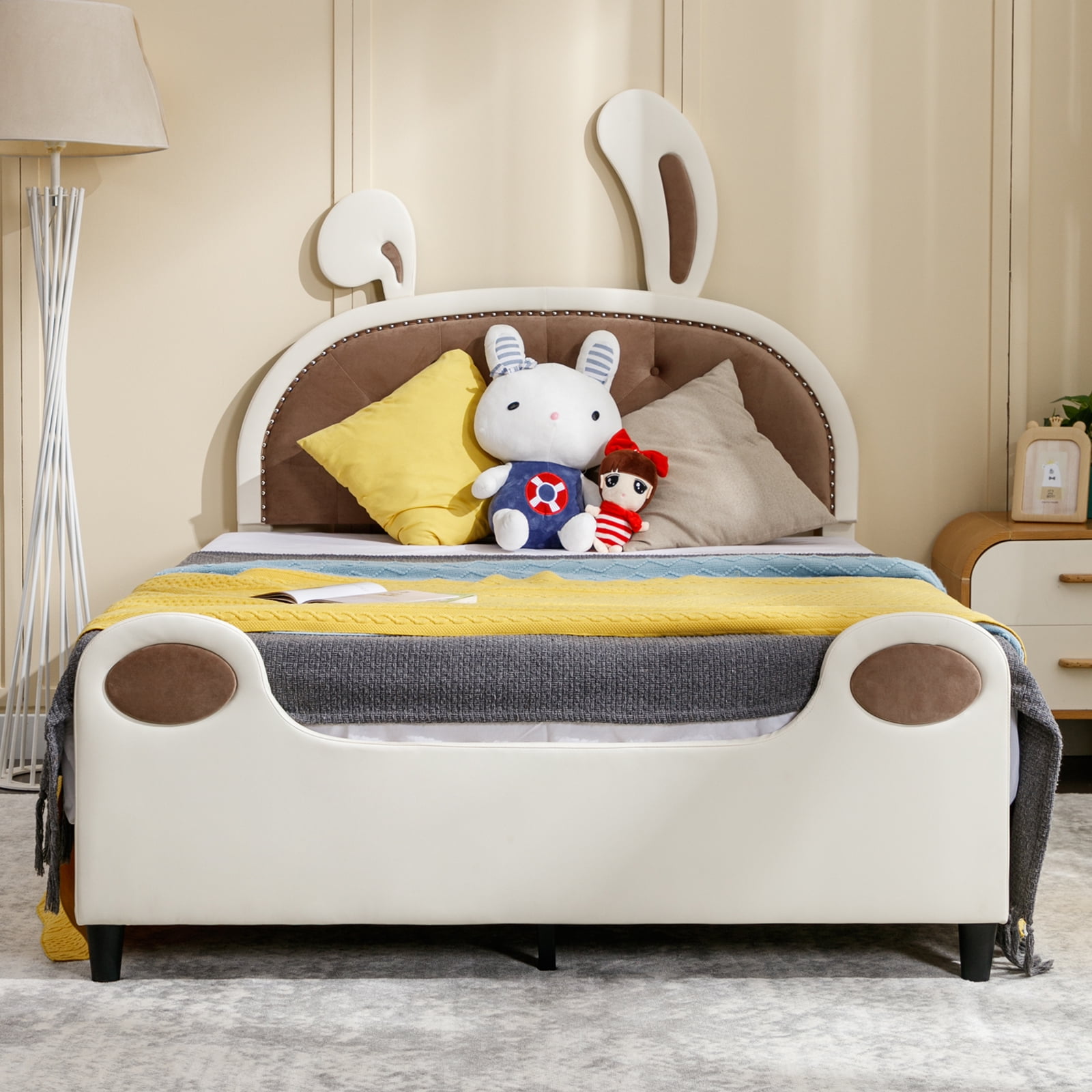 MUZZ Full Bed Frames for Kids, Children Upholstered Daybed with Rabbit