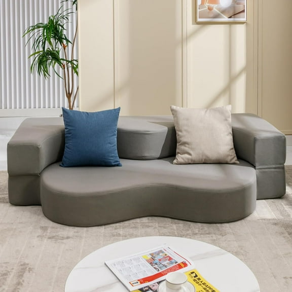 MUZZ Full Size Convertible Floor Sofa Bed, Foldable Futon Sofa Bed, Folding Sleeper Mattress, Leathaire Fabric Floor Couch Lounge Sleeper Bed for Small Spaces,Light Grey