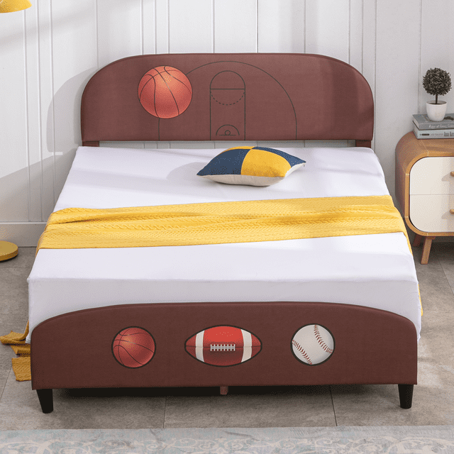 MUZZ Full Size Kids Bed Frame, Faux Leather Upholstered Platform Bed