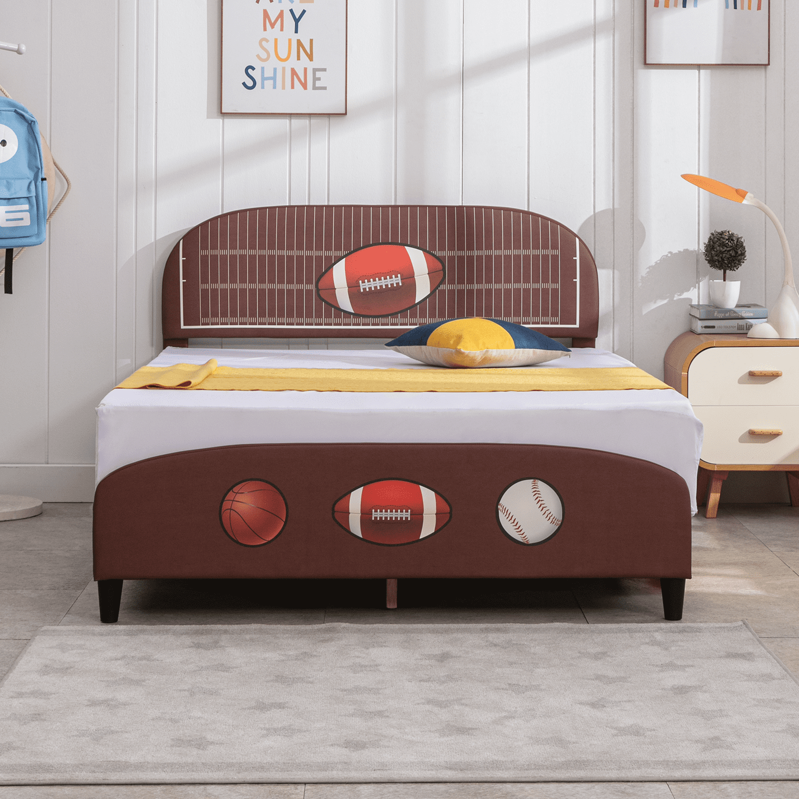 MUZZ Full Size Kids Bed Frame, Faux Leather Upholstered Platform Bed
