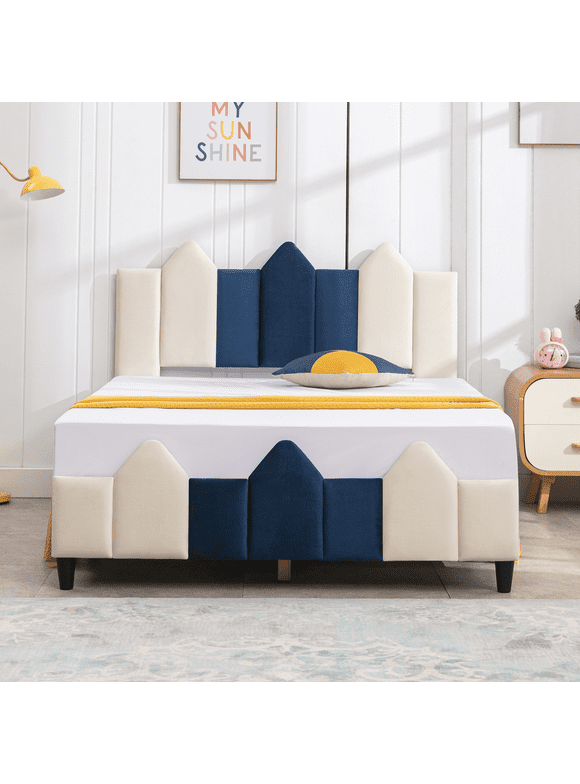 MUZZ Full Size Kids Bed Frame with Headboard,Upholstered Platform Bed Frame for Children(Blue/White)
