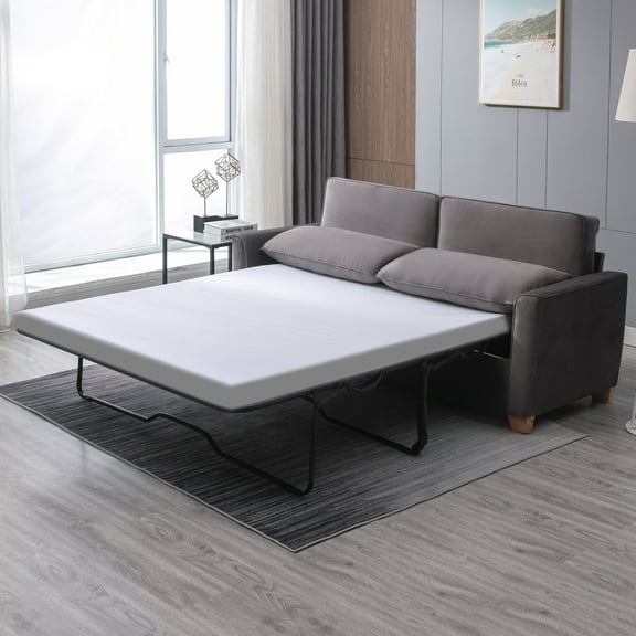 MUZZ Full Size Pull Out Sofa Bed, 2-in-1 Convertible Sleeper Couch with Memory Foam Mattress, Velvet Loveseat Sleeper Sofa Bed for Living Room/Apartment, Dark Grey