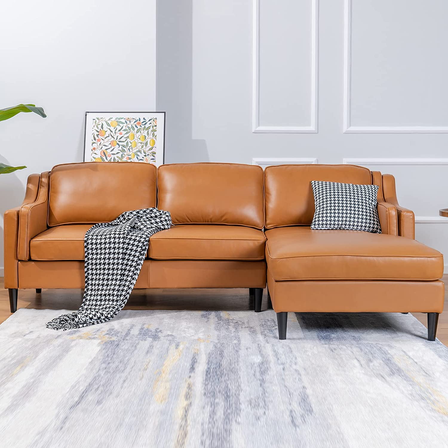 MUZZ Genuine Leather Sofa Set Mordern Luxury Sectional Sofa L Shaped Leather Sectional Couch with Right Facing Style for Living Room Cognac Tan