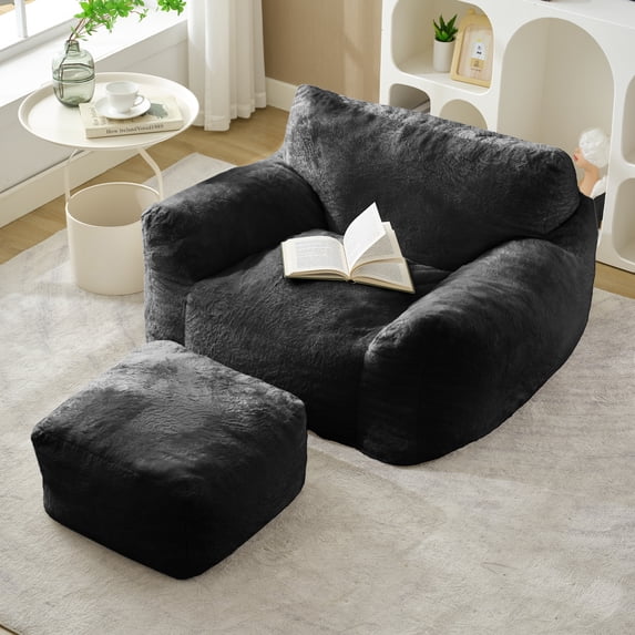 MUZZ Giant Bean Bag Chair with Footstool, Plush Beanbag Sofa for Adults, Puffy Comfy Lazy Sofa Floor Couch with Armrests for Living Room,Bedroom,Reading Room,Dark Gray