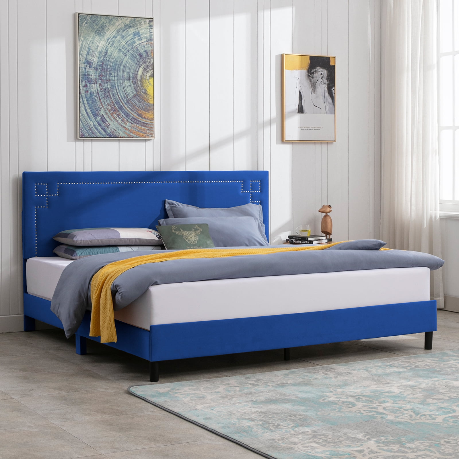 MUZZ King Bed Frame, Wood Platform Bed Frame with Headboard, Solid Wood