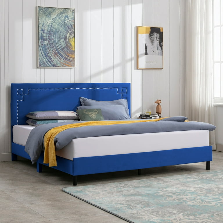 Navy blue wooden bed frame deals