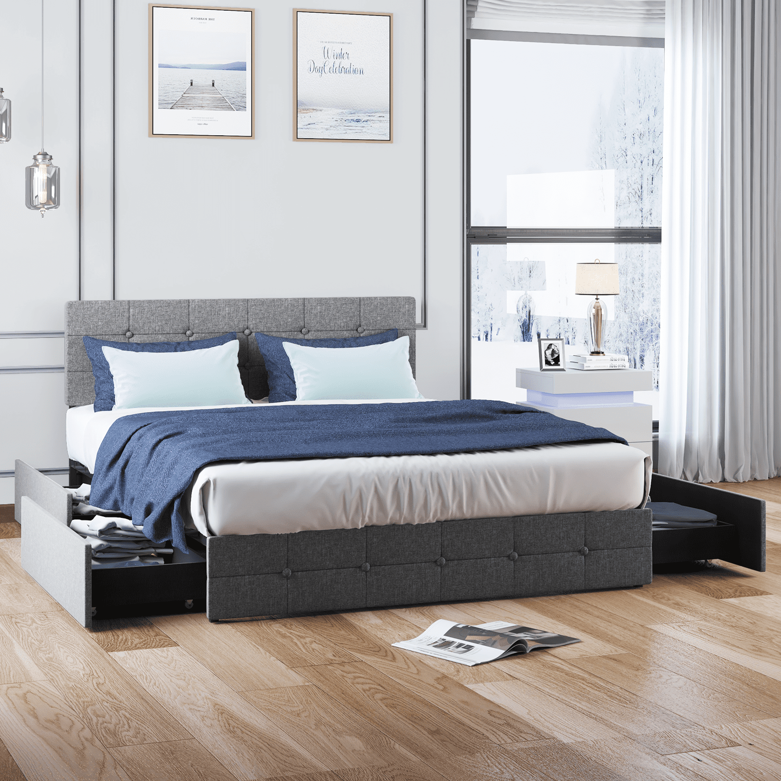 MUZZ King Size Platform Bed Frame with 4 Storage Drawers&Button Tufted Headboard(Dark Grey)