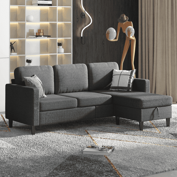 Puremind Sectional Sofa with Movable Storage Ottoman, Small L-Shaped Sectional Couch for Living Room/Apartment/Small Space, Dark Gray