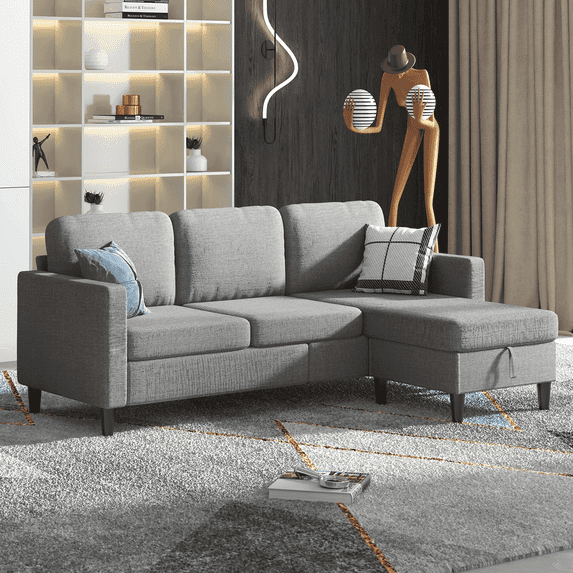 Puremind Sectional Sofa with Movable Storage Ottoman, Small L-Shaped Sectional Couch for Living Room/Apartment/Small Space, Light Gray