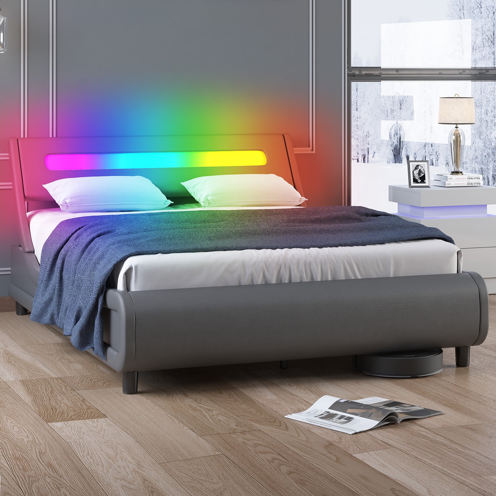 MUZZ LED Gaming Bed Frame with Headboard, Full Upholstered Smart Bed Frame/Wood Slat Support ...