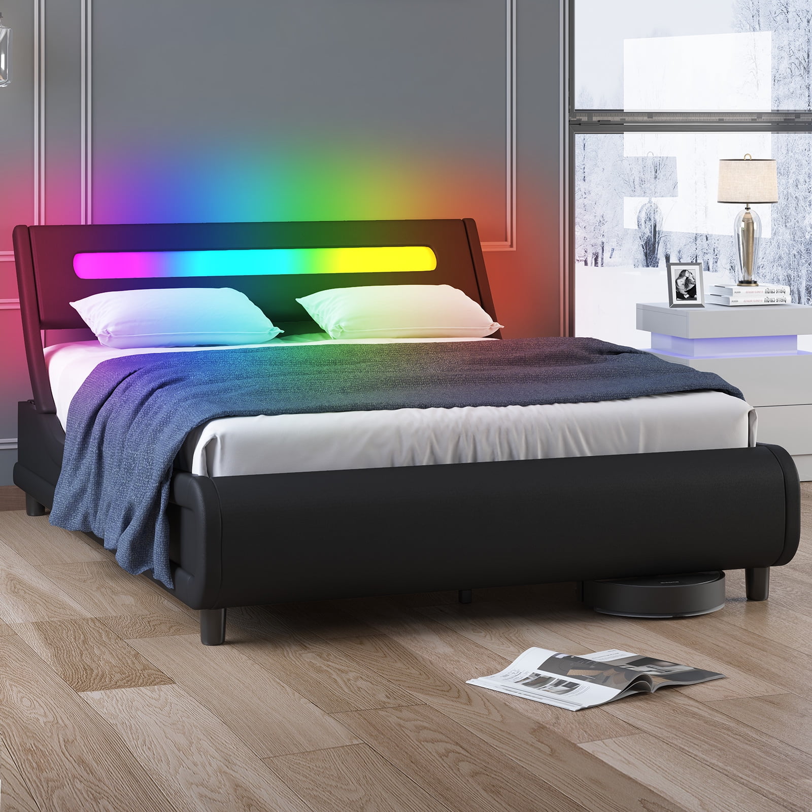 MUZZ LED Gaming Bed Frame with Headboard,Queen Upholstered Smart Bed