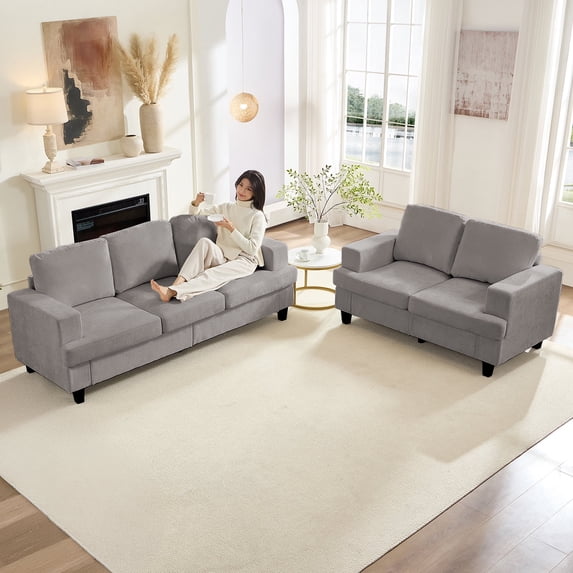 MUZZ Living Room Furniture Sets, 3-Seater Chenille Sofa and Loveseat for Living Room, 2-Piece Loveseat and Sofa Set, Light Grey