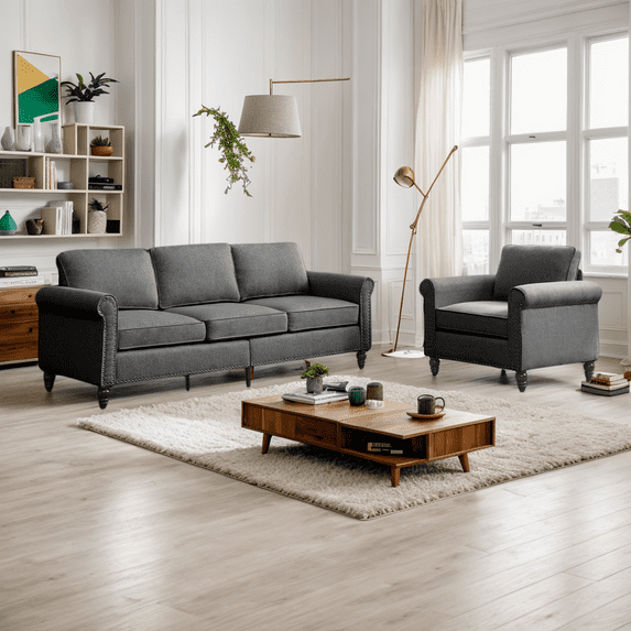 MUZZ Living Room Furniture Sets with 5.9"Upholstered Cushion, 3-Seater Sectional Sofa Couch and Single Sofa Chair, Sofa Set for Living Room(Dark Grey)