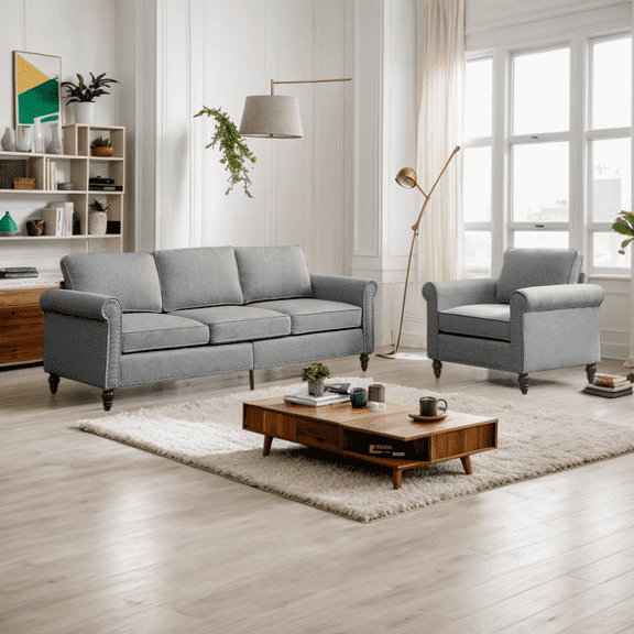 MUZZ Living Room Furniture Sets with 5.9"Upholstered Cushion, 3-Seater Sectional Sofa Couch and Single Sofa Chair,Sofa Set for Living Room(Light Grey)