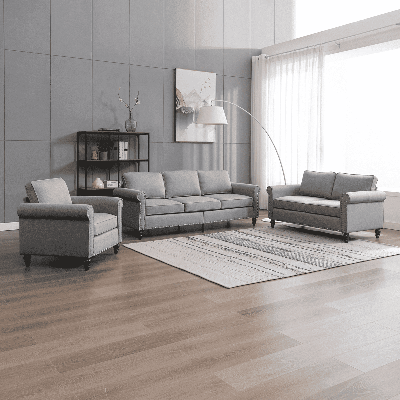 MUZZ Living Room Furniture Sets with 5.9"Upholstered Cushion, 3-Seater Sofa Couch, Loveseat and Single Sofa Chair, Sofa Set for Living Room(Light Grey) - Walmart.com